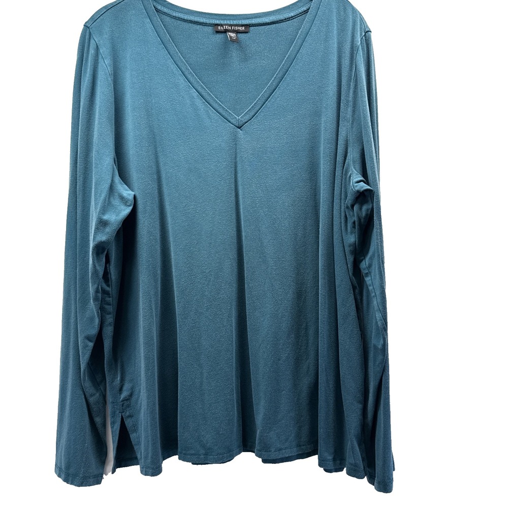 Eileen Fisher Womens Top Size Large Solid Teal Blue Long Sleeve Stretch Pullover